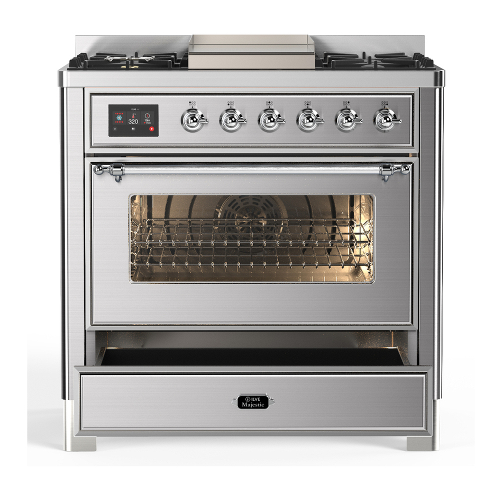 ILVE UM36FNR3SSCLP Majestic III 36 inch Dual Fuel Range with 6 Black Brass Burners and Griddle, Dual Function Burner up to 25,000 BTU (Triple Glass Door, Stainless Steel, Chrome, Liquid Propane) 3 ILVE-UM36FNR3SSCLP-Drawer Open View
