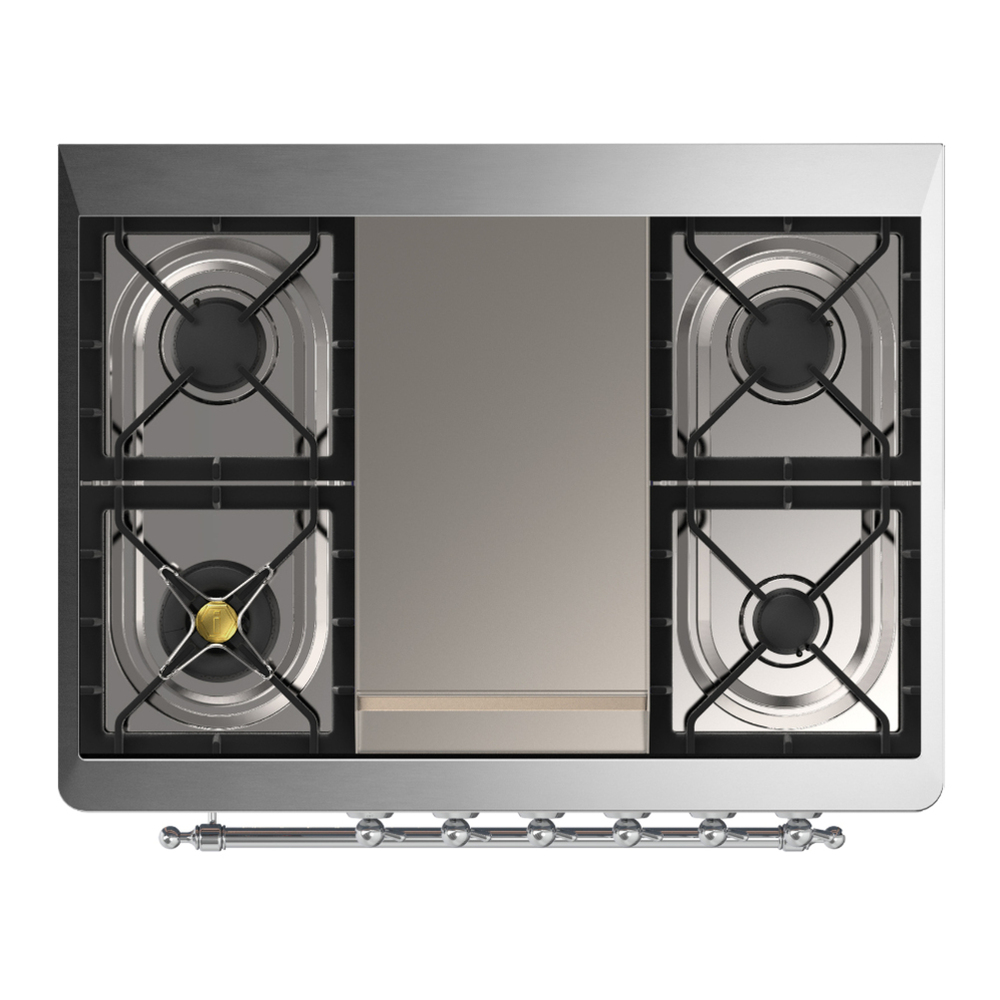 ILVE UM36FNR3SSCLP Majestic III 36 inch Dual Fuel Range with 6 Black Brass Burners and Griddle, Dual Function Burner up to 25,000 BTU (Triple Glass Door, Stainless Steel, Chrome, Liquid Propane) 4 ILVE-UM36FNR3SSCLP-Top View
