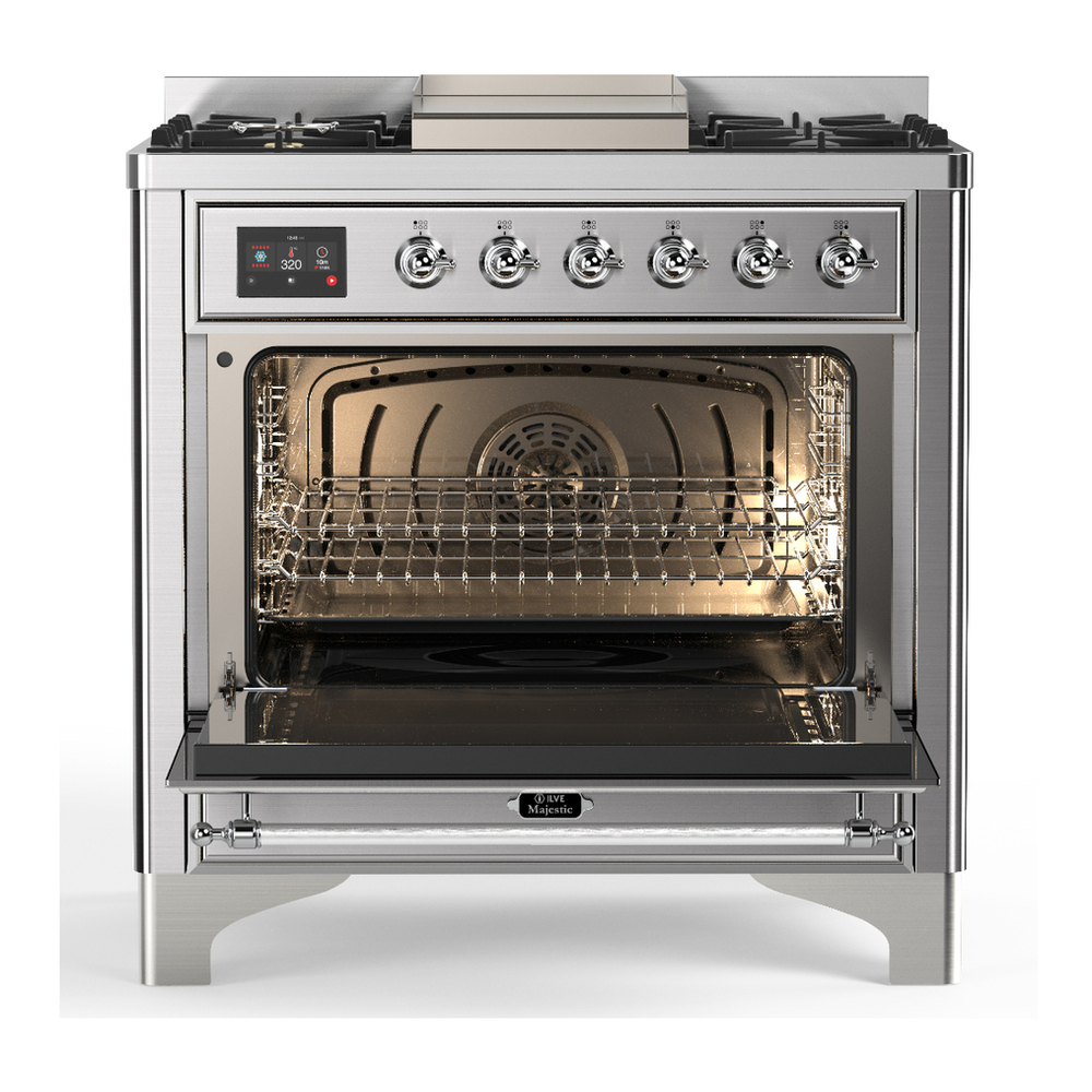 ILVE UM36FNR3SSC Majestic III 36 inch Dual Fuel Range with 6 Black Brass Burners and Griddle, Dual Function Burner up to 25,000 BTU (Triple Glass Door, Stainless Steel, Chrome, Natural Gas) 6 ILVE-UM36FNR3SSC-Open Door View
