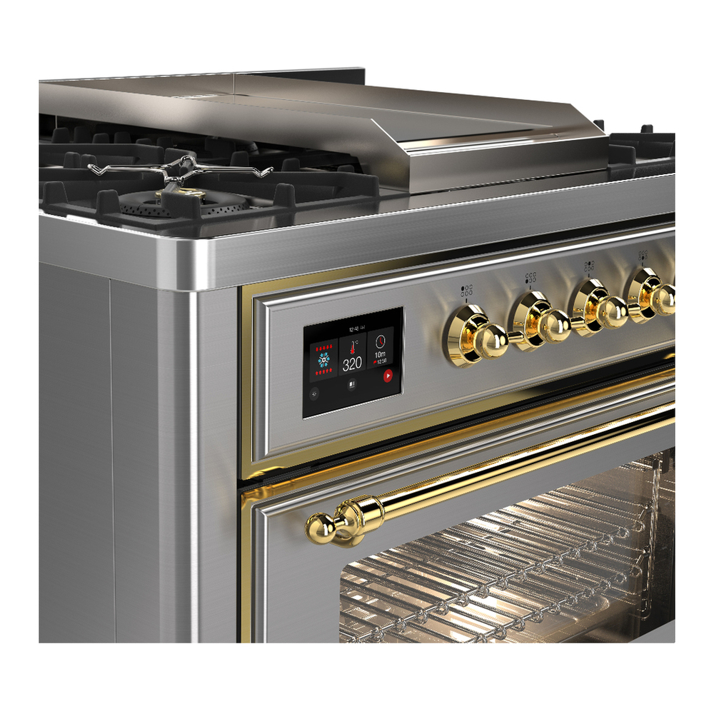ILVE UM36FNR3SSGLP Majestic III 36 inch Dual Fuel Range with 6 Black Brass Burners and Griddle, Dual Function Burner up to 25,000 BTU (Triple Glass Door, Stainless Steel, Brass, Liquid Propane) 9 ILVE-UM36FNR3SSGLP-Control Knobs View