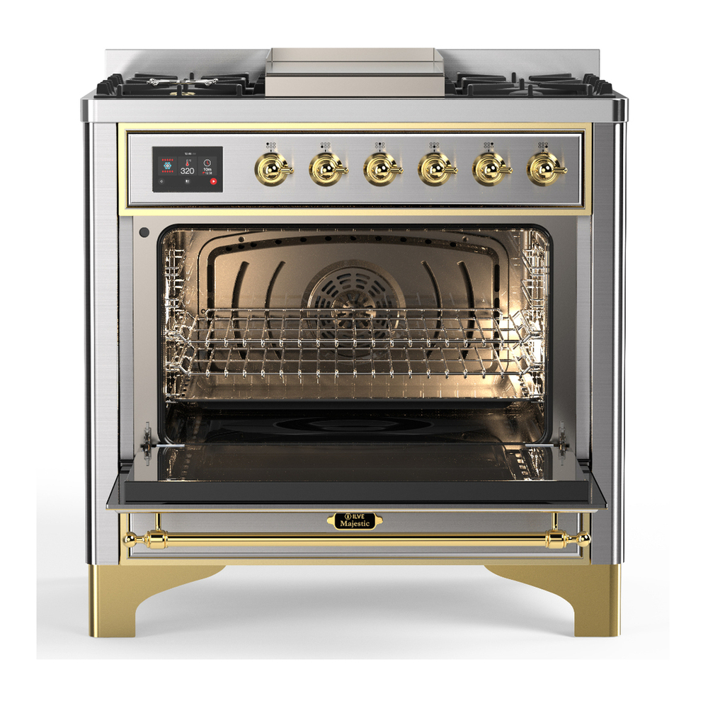 ILVE UM36FNR3SSGLP Majestic III 36 inch Dual Fuel Range with 6 Black Brass Burners and Griddle, Dual Function Burner up to 25,000 BTU (Triple Glass Door, Stainless Steel, Brass, Liquid Propane) 6 ILVE-UM36FNR3SSGLP-Open Door View