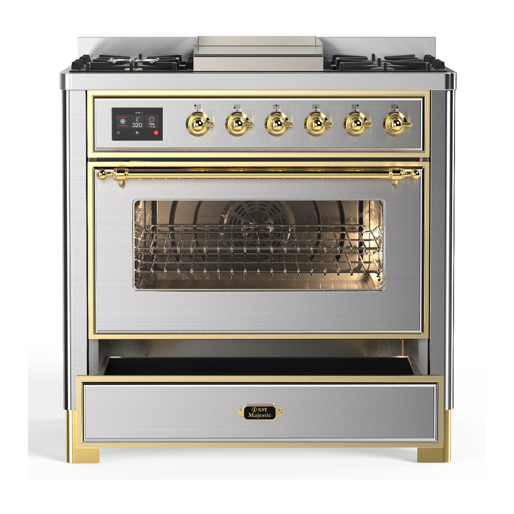 ILVE UM36FNR3SSGLP Majestic III 36 inch Dual Fuel Range with 6 Black Brass Burners and Griddle, Dual Function Burner up to 25,000 BTU (Triple Glass Door, Stainless Steel, Brass, Liquid Propane) 7 ILVE-UM36FNR3SSGLP-Drawer Open View