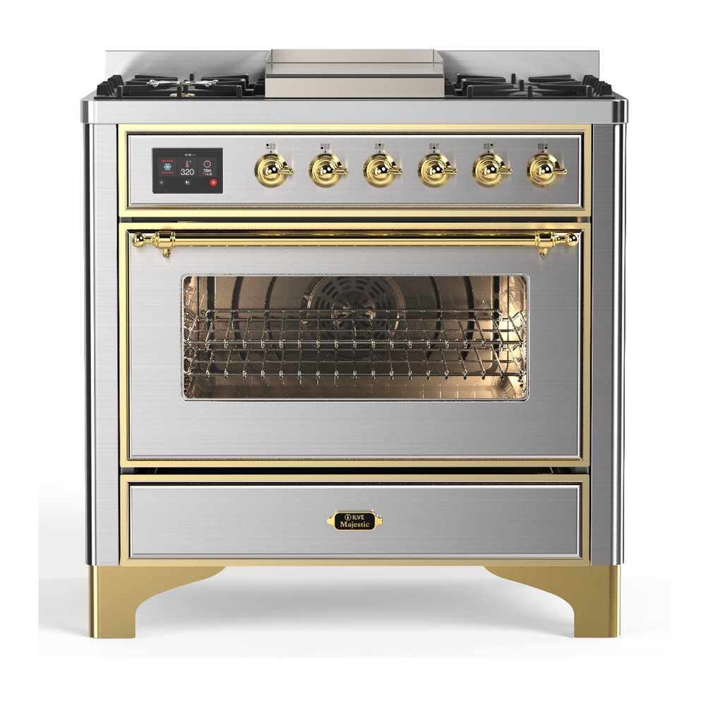 ILVE UM36FNR3SSG Majestic III 36 inch Dual Fuel Range with 6 Black Brass Burners and Griddle, Dual Function Burner up to 25,000 BTU (Triple Glass Door, Stainless Steel, Brass, Natural Gas) 1 UM36FNR3SSG