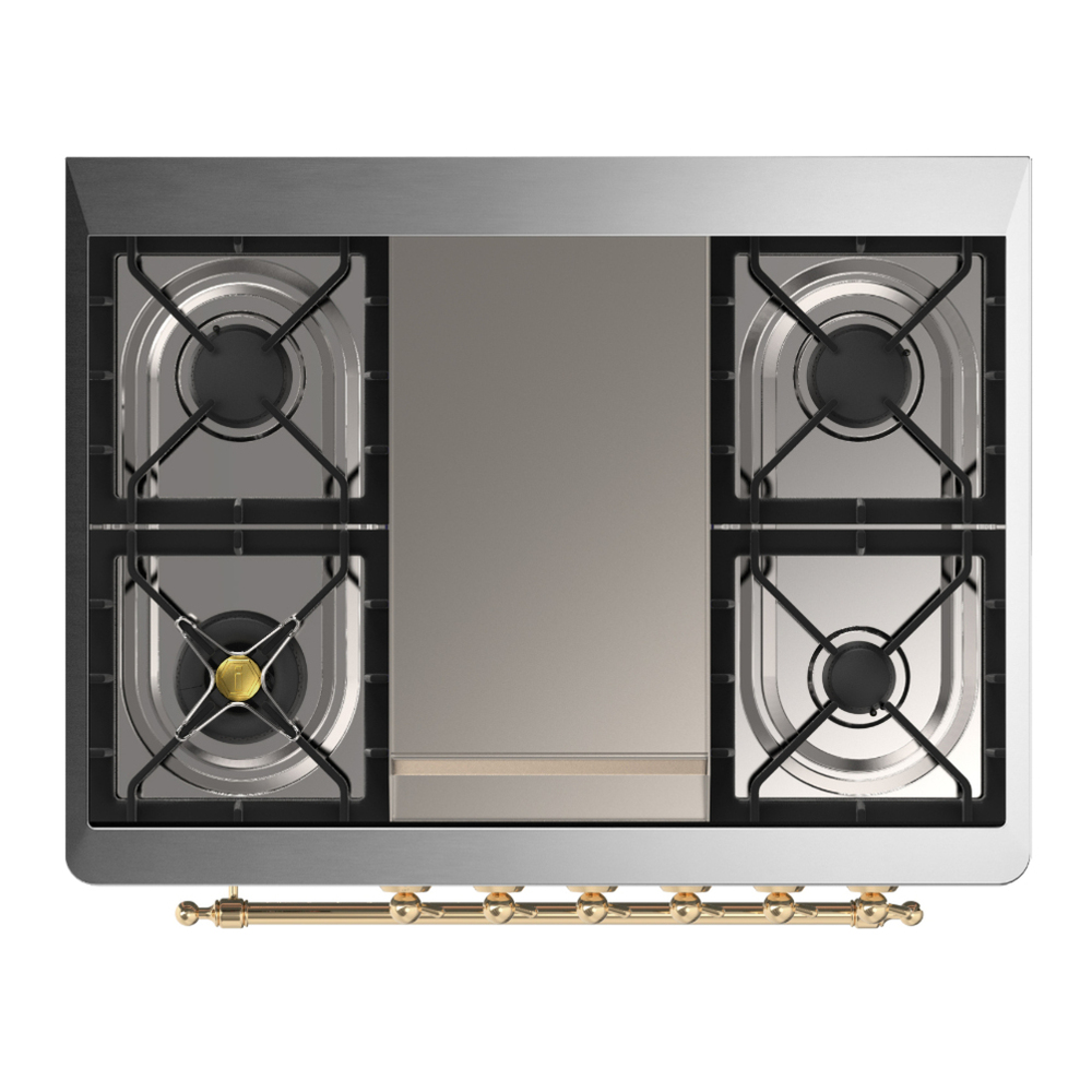 ILVE UM36FNR3SSG Majestic III 36 inch Dual Fuel Range with 6 Black Brass Burners and Griddle, Dual Function Burner up to 25,000 BTU (Triple Glass Door, Stainless Steel, Brass, Natural Gas) 4 ILVE-UM36FNR3SSG-Top View