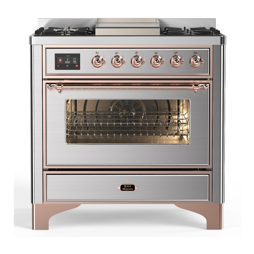 ILVE UM36FNR3SSP Majestic III 36 inch Dual Fuel Range with 6 Black Brass Burners and Griddle, Dual Function Burner up to 25,000 BTU (Triple Glass Door, Stainless Steel, Copper, Natural Gas) 1 UM36FNR3SSP