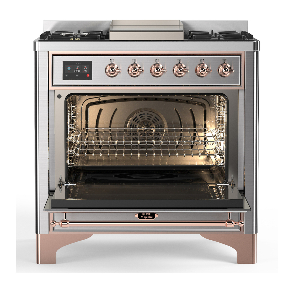 ILVE UM36FNR3SSP Majestic III 36 inch Dual Fuel Range with 6 Black Brass Burners and Griddle, Dual Function Burner up to 25,000 BTU (Triple Glass Door, Stainless Steel, Copper, Natural Gas) 6 ILVE-UM36FNR3SSP-Open Door View