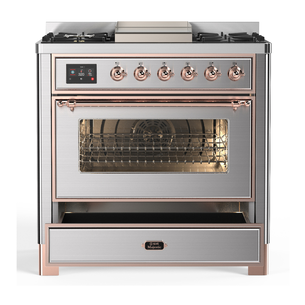 ILVE UM36FNR3SSP Majestic III 36 inch Dual Fuel Range with 6 Black Brass Burners and Griddle, Dual Function Burner up to 25,000 BTU (Triple Glass Door, Stainless Steel, Copper, Natural Gas) 7 ILVE-UM36FNR3SSP-Drawer Open View