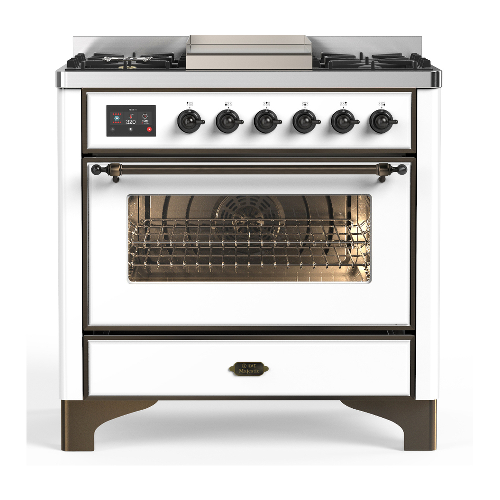 ILVE UM36FNR3WHB Majestic III 36 inch Dual Fuel Range with 6 Black Brass Burners and Griddle, Dual Function Burner up to 25,000 BTU (Triple Glass Door, White, Burnished, Natural Gas) 1 UM36FNR3WHB