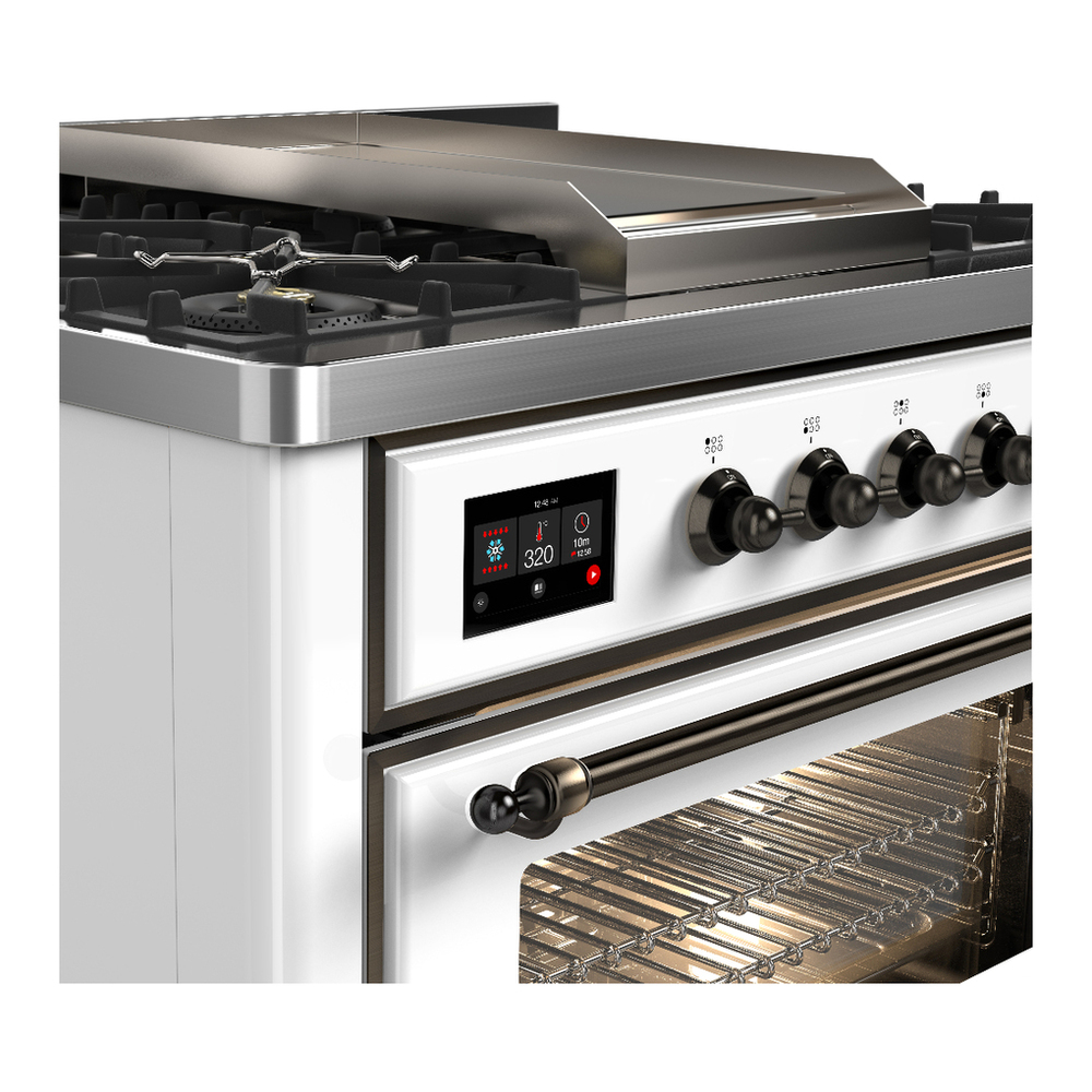 ILVE UM36FNR3WHB Majestic III 36 inch Dual Fuel Range with 6 Black Brass Burners and Griddle, Dual Function Burner up to 25,000 BTU (Triple Glass Door, White, Burnished, Natural Gas) 9 ILVE-UM36FNR3WHB-Control Knobs View
