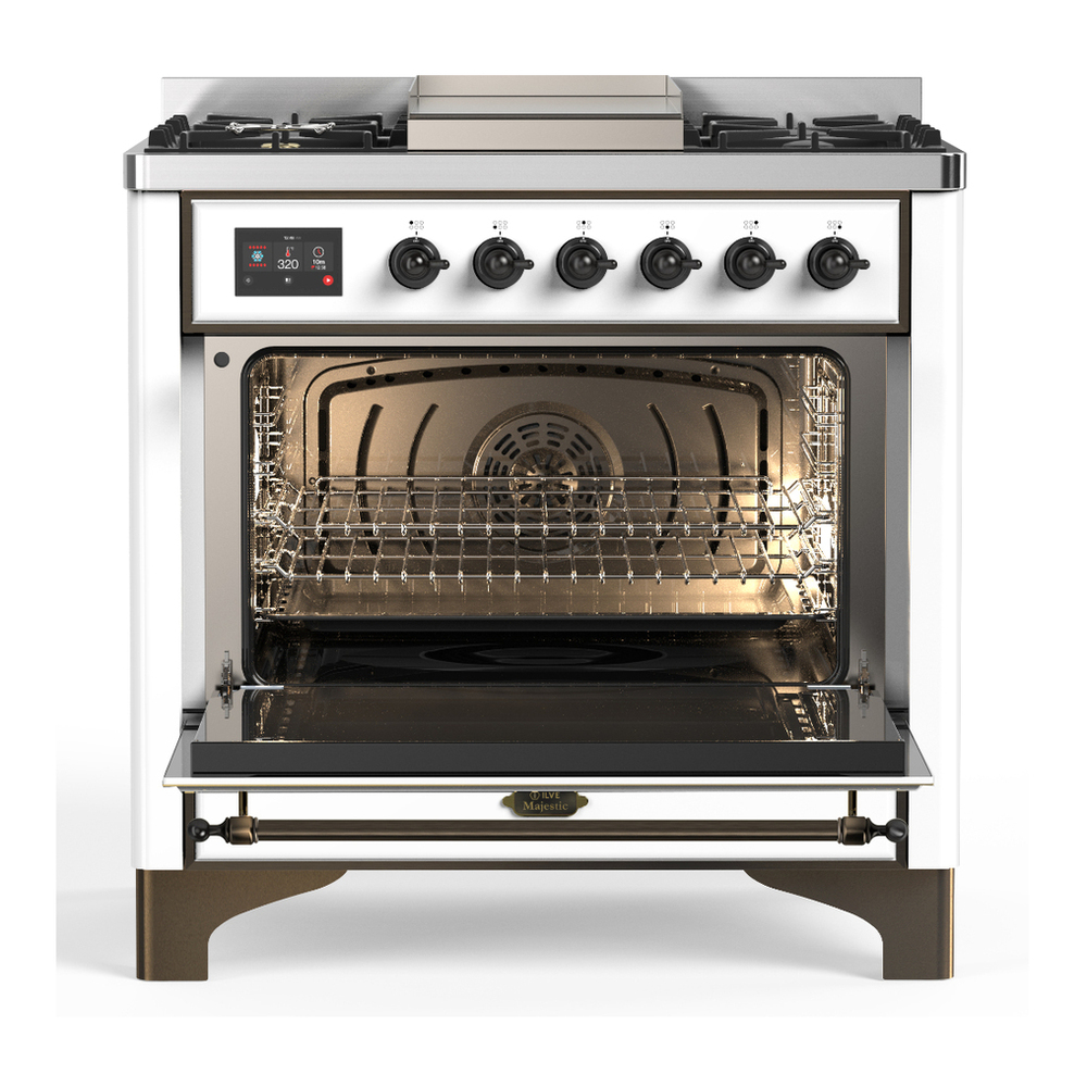 ILVE UM36FNR3WHB Majestic III 36 inch Dual Fuel Range with 6 Black Brass Burners and Griddle, Dual Function Burner up to 25,000 BTU (Triple Glass Door, White, Burnished, Natural Gas) 2 ILVE-UM36FNR3WHB-Open Door View