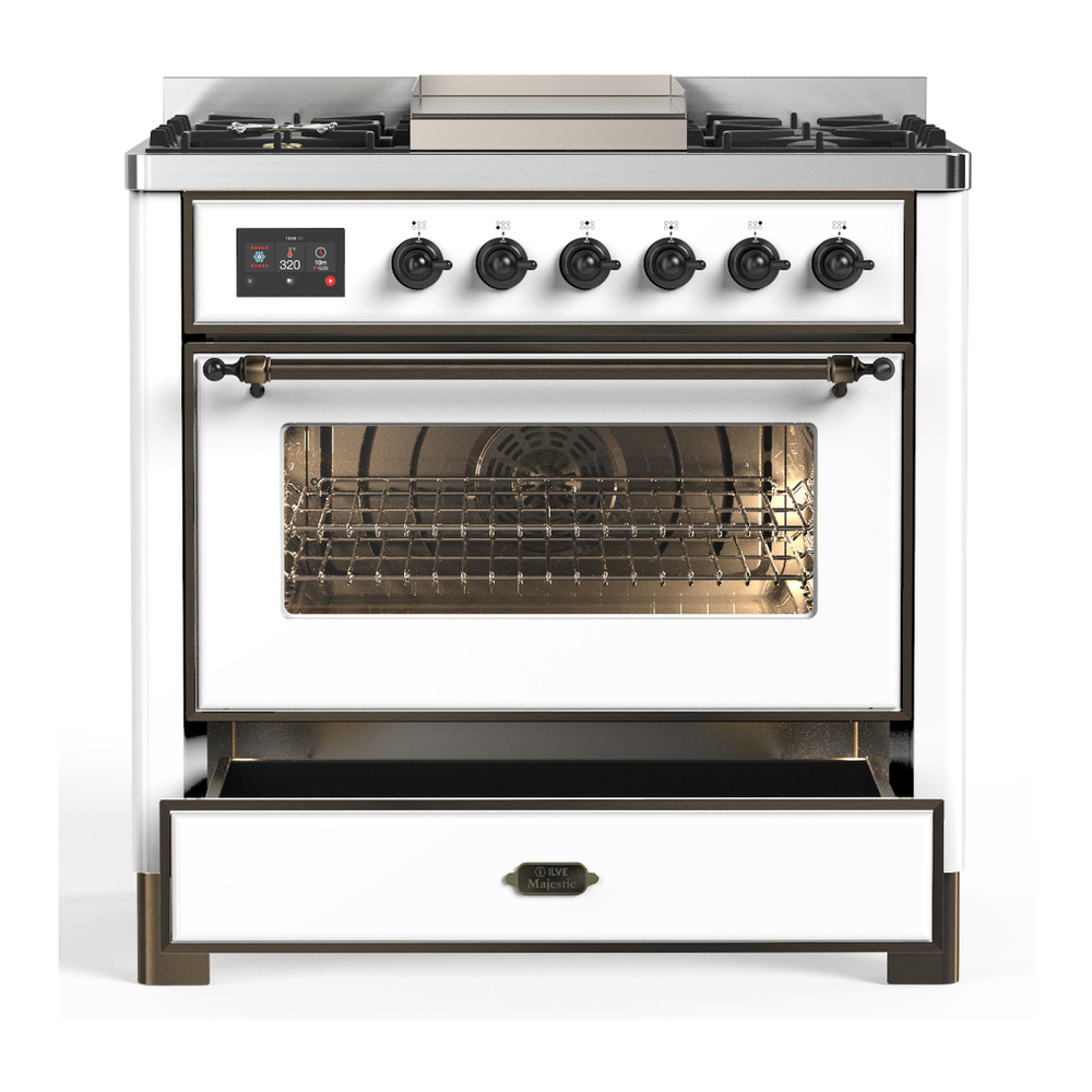 ILVE UM36FNR3WHB Majestic III 36 inch Dual Fuel Range with 6 Black Brass Burners and Griddle, Dual Function Burner up to 25,000 BTU (Triple Glass Door, White, Burnished, Natural Gas) 7 ILVE-UM36FNR3WHB-Drawer Open View