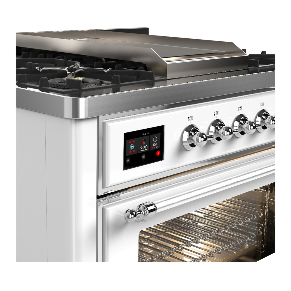 ILVE UM36FNR3WHCLP Majestic III 36 inch Dual Fuel Range with 6 Black Brass Burners and Griddle, Dual Function Burner up to 25,000 BTU (Triple Glass Door, White, Chrome, Liquid Propane) 9 ILVE-UM36FNR3WHCLP-Control Knobs View
