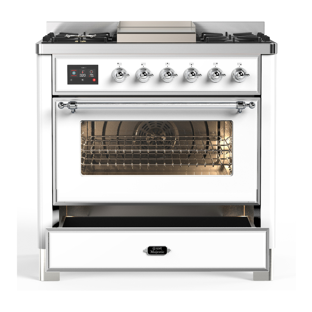 ILVE UM36FNR3WHCLP Majestic III 36 inch Dual Fuel Range with 6 Black Brass Burners and Griddle, Dual Function Burner up to 25,000 BTU (Triple Glass Door, White, Chrome, Liquid Propane) 7 ILVE-UM36FNR3WHCLP-Drawer Open View