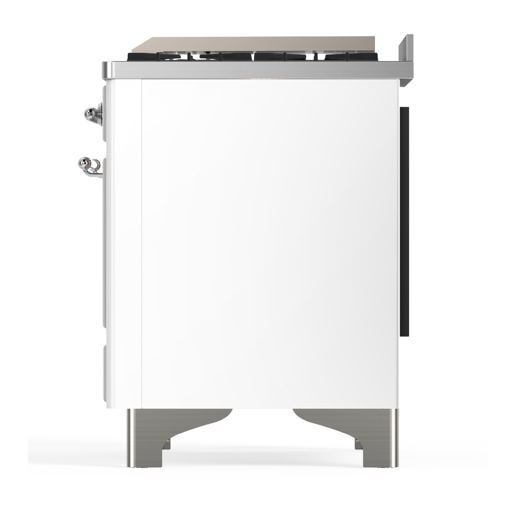 ILVE UM36FNR3WHCLP Majestic III 36 inch Dual Fuel Range with 6 Black Brass Burners and Griddle, Dual Function Burner up to 25,000 BTU (Triple Glass Door, White, Chrome, Liquid Propane) 11 ILVE-UM36FNR3WHCLP-Left Side View