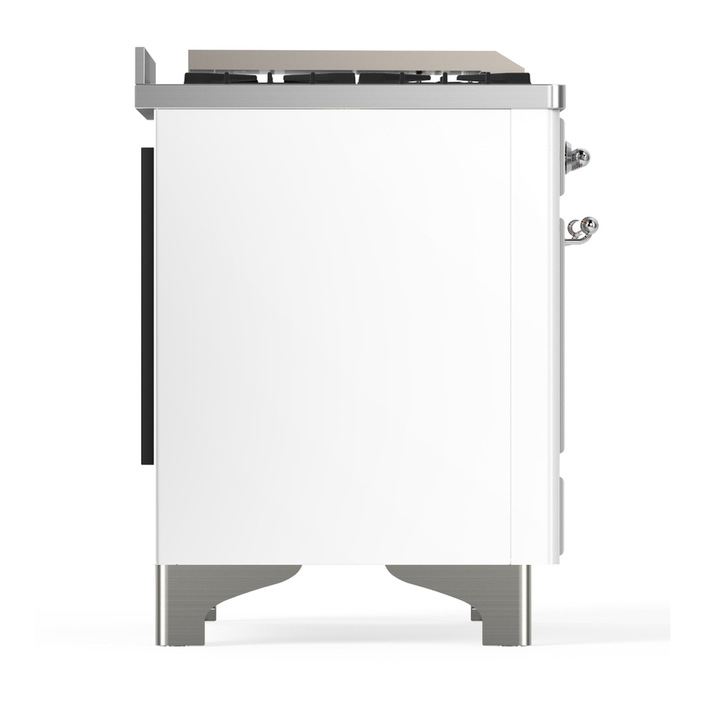 ILVE UM36FNR3WHCLP Majestic III 36 inch Dual Fuel Range with 6 Black Brass Burners and Griddle, Dual Function Burner up to 25,000 BTU (Triple Glass Door, White, Chrome, Liquid Propane) 10 ILVE-UM36FNR3WHCLP-Right Side View