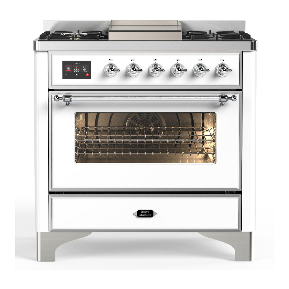 ILVE UM36FNR3WHC Majestic III 36 inch Dual Fuel Range with 6 Black Brass Burners and Griddle, Dual Function Burner up to 25,000 BTU (Triple Glass Door, White, Chrome, Natural Gas) 1 UM36FNR3WHC
