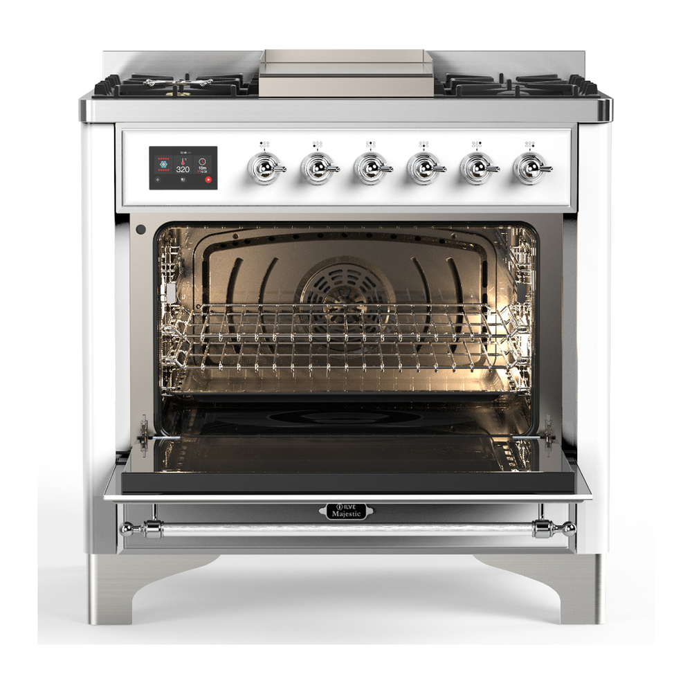 ILVE UM36FNR3WHC Majestic III 36 inch Dual Fuel Range with 6 Black Brass Burners and Griddle, Dual Function Burner up to 25,000 BTU (Triple Glass Door, White, Chrome, Natural Gas) 2 ILVE-UM36FNR3WHC-Open Door View