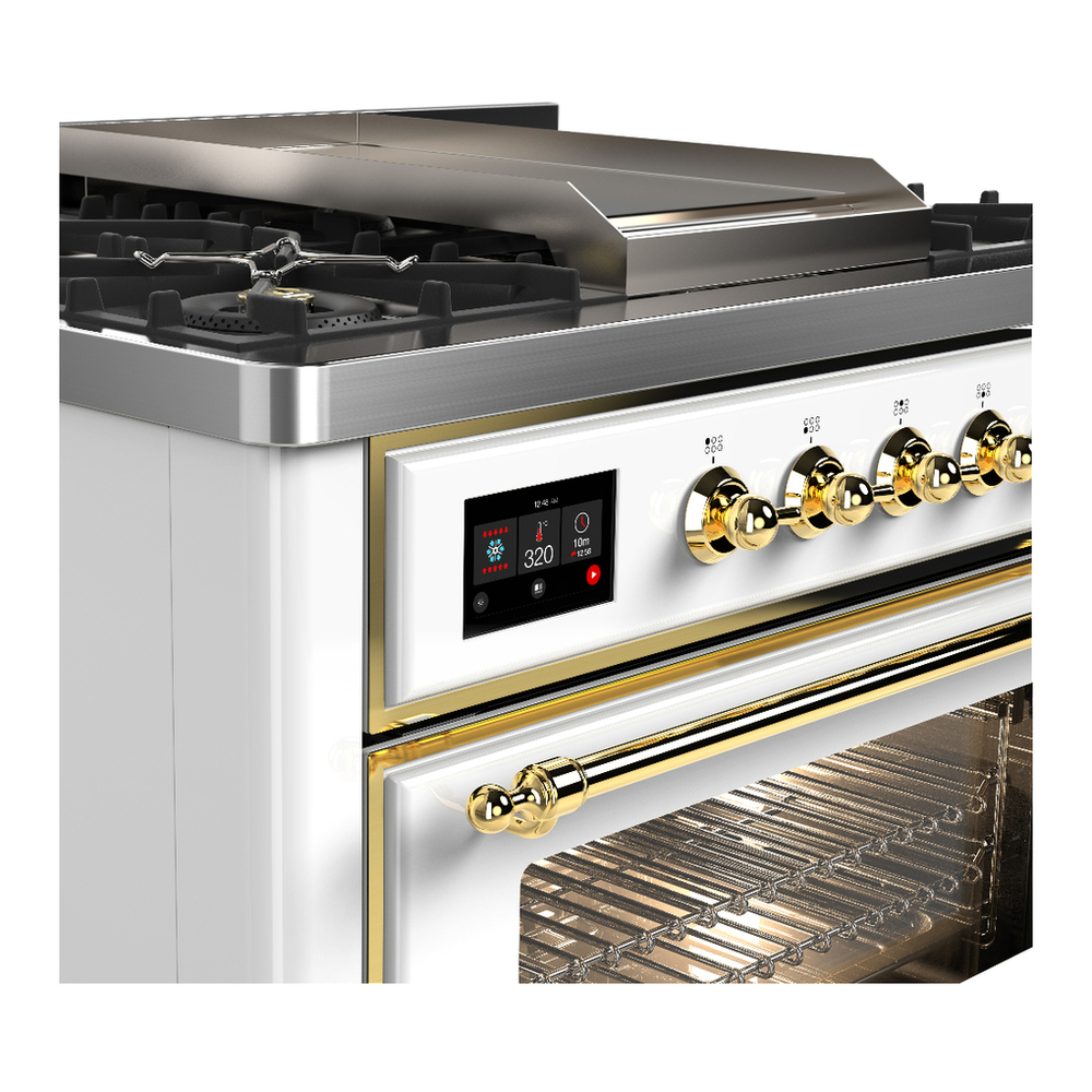 ILVE UM36FNR3WHGLP Majestic III 36 inch Dual Fuel Range with 6 Black Brass Burners and Griddle, Dual Function Burner up to 25,000 BTU (Triple Glass Door, White, Brass, Liquid Propane) 9 ILVE-UM36FNR3WHGLP-Control Knobs View