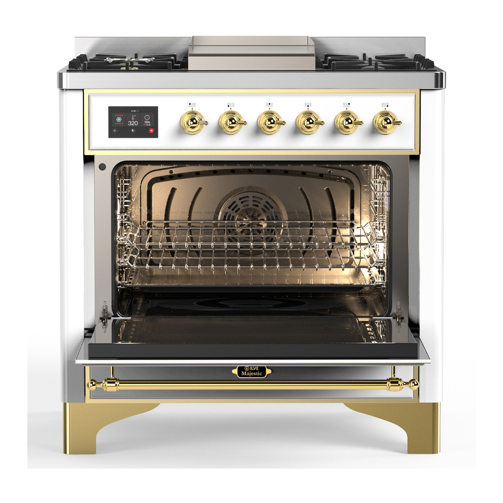 ILVE UM36FNR3WHGLP Majestic III 36 inch Dual Fuel Range with 6 Black Brass Burners and Griddle, Dual Function Burner up to 25,000 BTU (Triple Glass Door, White, Brass, Liquid Propane) 6 ILVE-UM36FNR3WHGLP-Open Door View