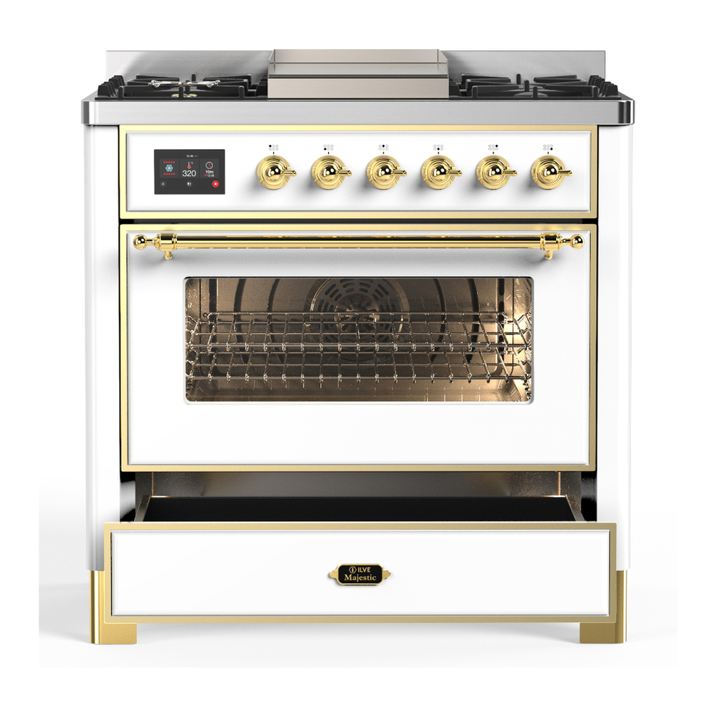 ILVE UM36FNR3WHGLP Majestic III 36 inch Dual Fuel Range with 6 Black Brass Burners and Griddle, Dual Function Burner up to 25,000 BTU (Triple Glass Door, White, Brass, Liquid Propane) 7 ILVE-UM36FNR3WHGLP-Drawer Open View