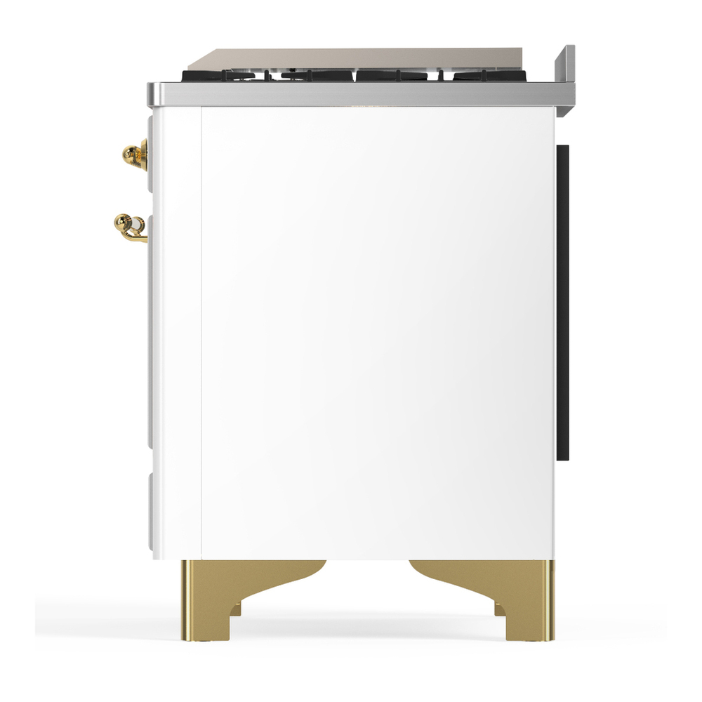 ILVE UM36FNR3WHG Majestic III 36 inch Dual Fuel Range with 6 Black Brass Burners and Griddle, Dual Function Burner up to 25,000 BTU (Triple Glass Door, White, Brass, Natural Gas) 11 ILVE-UM36FNR3WHG-Left Side View