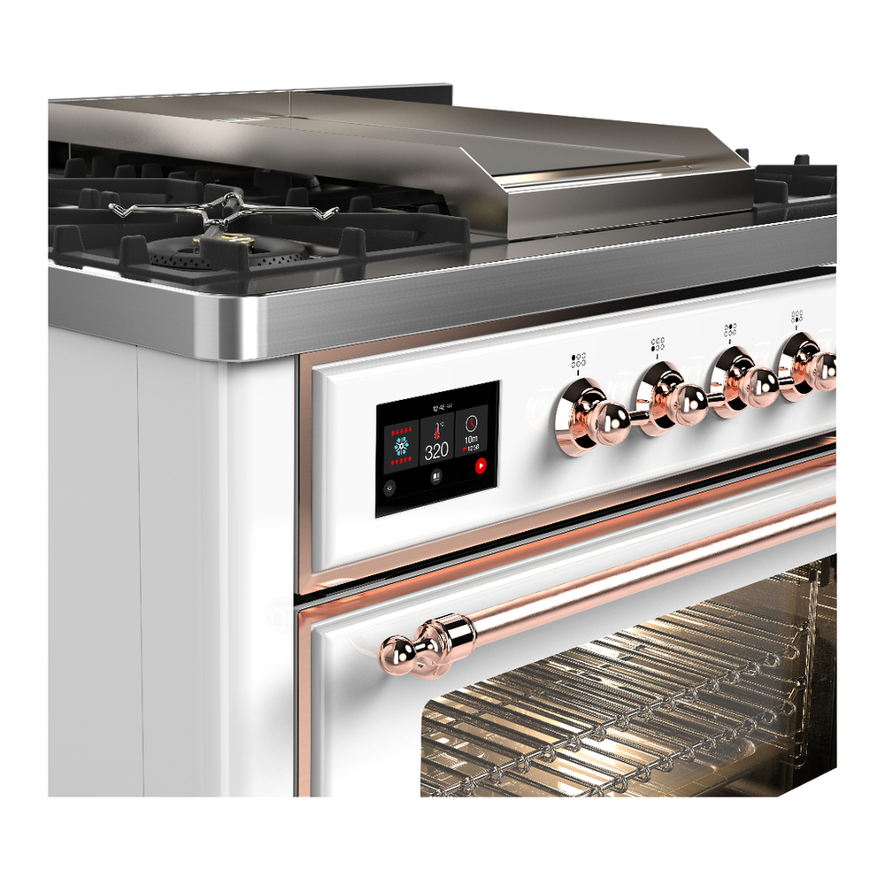 ILVE UM36FNR3WHPLP Majestic III 36 inch Dual Fuel Range with 6 Black Brass Burners and Griddle, Dual Function Burner up to 25,000 BTU (Triple Glass Door, White, Copper, Liquid Propane) 9 ILVE-UM36FNR3WHPLP-Control Knobs View