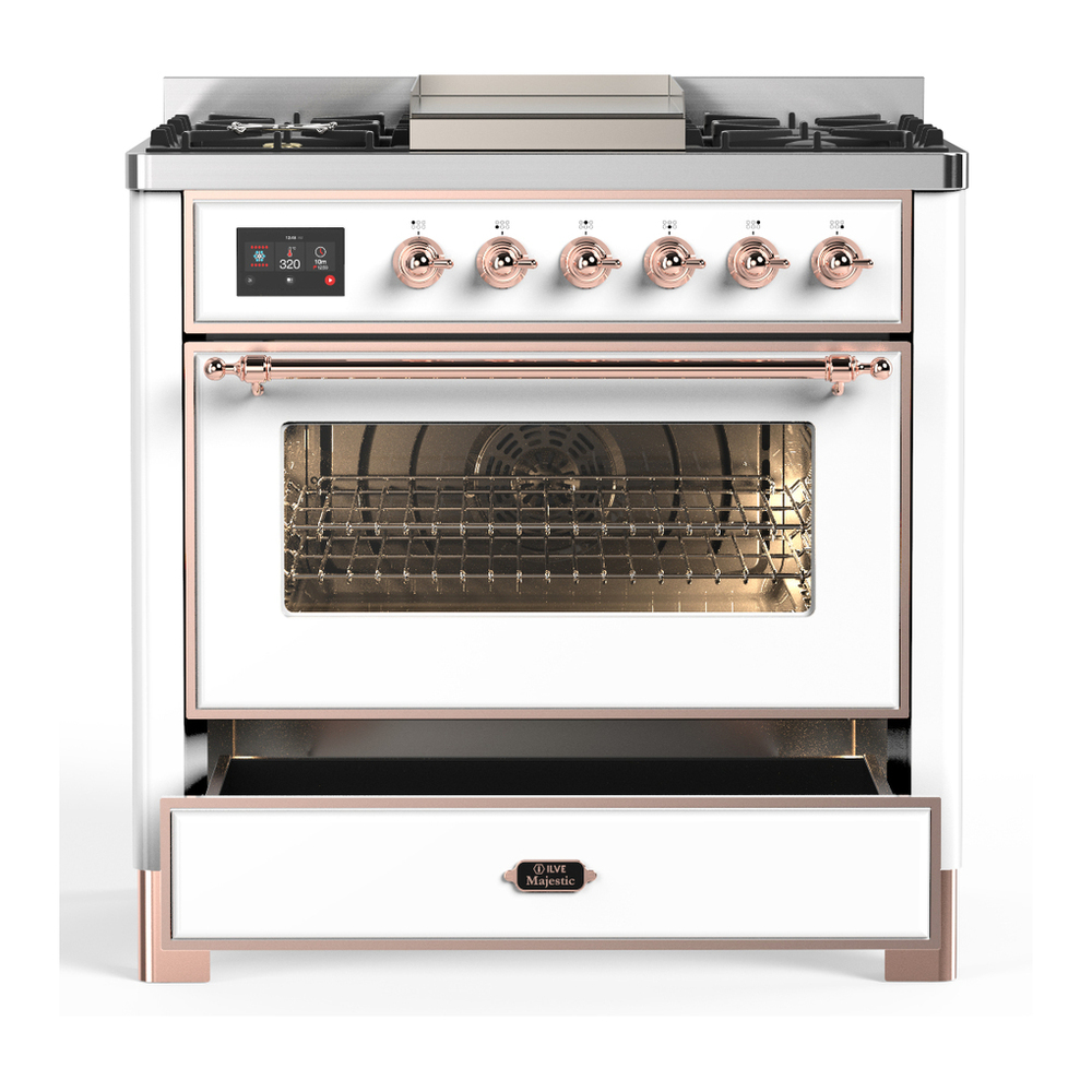 ILVE UM36FNR3WHPLP Majestic III 36 inch Dual Fuel Range with 6 Black Brass Burners and Griddle, Dual Function Burner up to 25,000 BTU (Triple Glass Door, White, Copper, Liquid Propane) 7 ILVE-UM36FNR3WHPLP-Drawer Open View