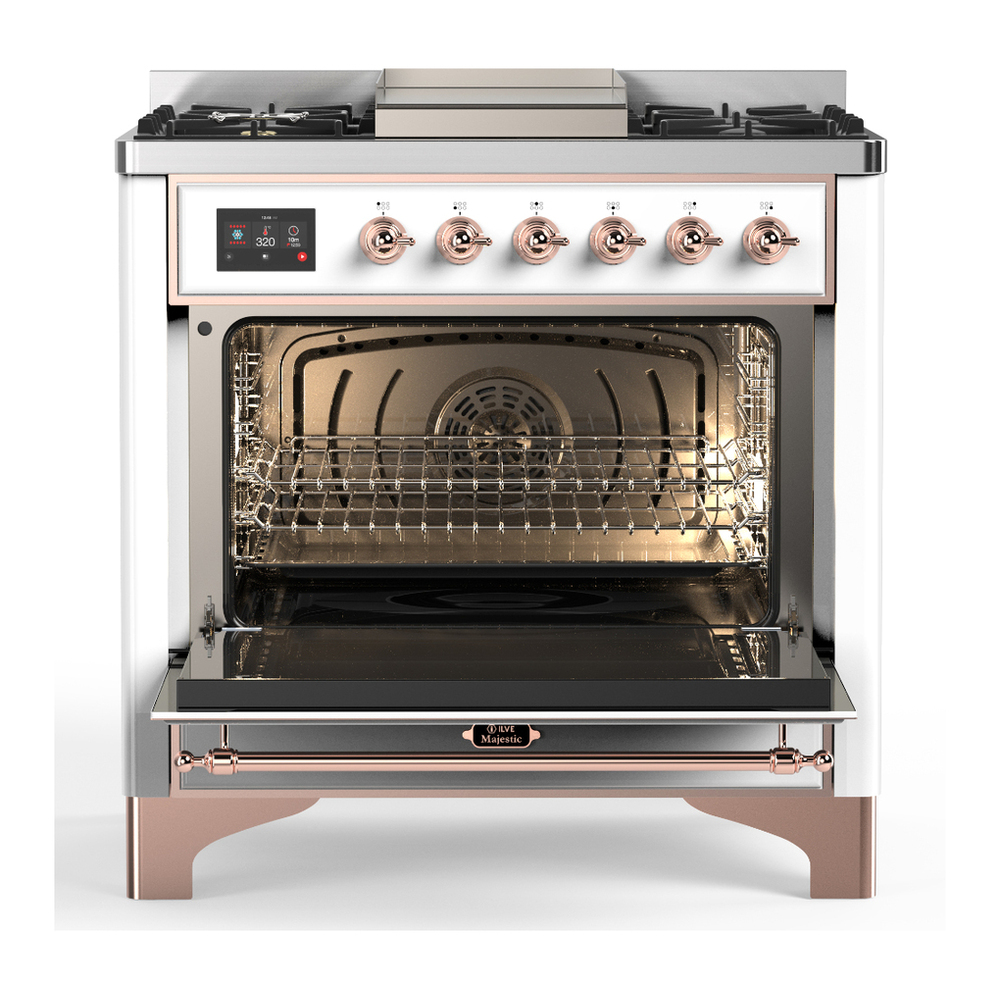 ILVE UM36FNR3WHP Majestic III 36 inch Dual Fuel Range with 6 Black Brass Burners and Griddle, Dual Function Burner up to 25,000 BTU (Triple Glass Door, White, Copper, Natural Gas) 6 ILVE-UM36FNR3WHP-Open Door View