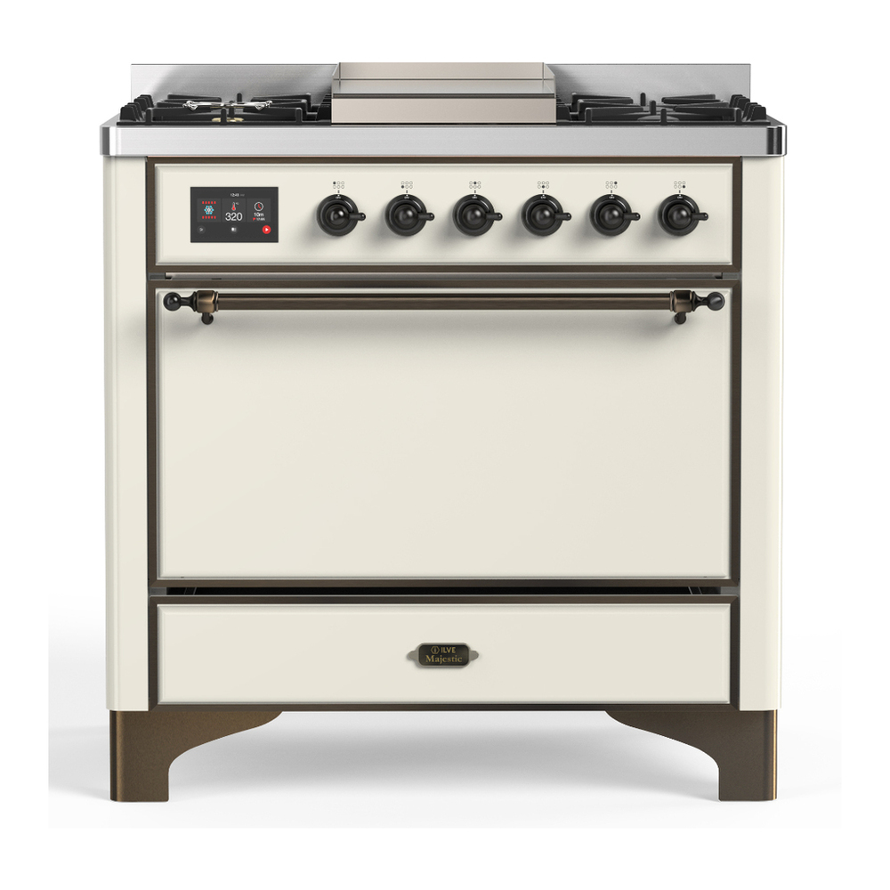 ILVE UM36FQNR3AWBLP Majestic III 36 inch Dual Fuel Range with 6 Black Brass Burners and Griddle, Dual Function Burner up to 25,000 BTU (Solid Door, Antique White, Burnished, Liquid Propane) 1 UM36FQNR3AWBLP