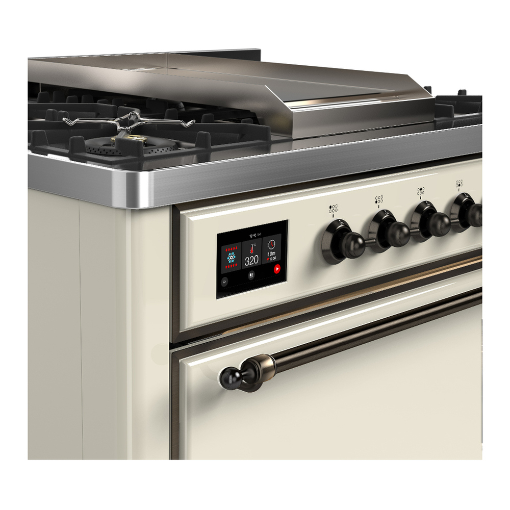 ILVE UM36FQNR3AWBLP Majestic III 36 inch Dual Fuel Range with 6 Black Brass Burners and Griddle, Dual Function Burner up to 25,000 BTU (Solid Door, Antique White, Burnished, Liquid Propane) 5 ILVE-UM36FQNR3AWBLP-Control Knobs View
