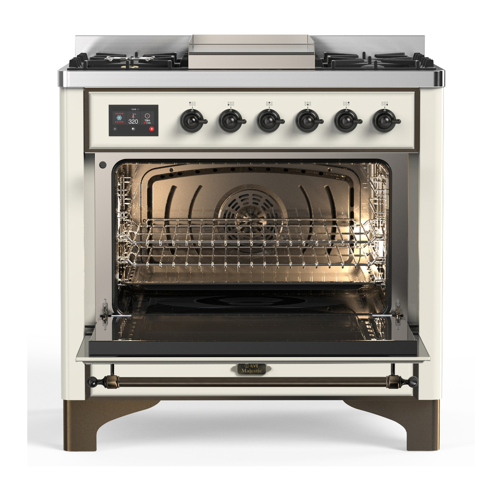 ILVE UM36FQNR3AWB Majestic III 36 inch Dual Fuel Range with 6 Black Brass Burners and Griddle, Dual Function Burner up to 25,000 BTU (Solid Door, Antique White, Burnished, Natural Gas) 2 ILVE-UM36FQNR3AWB-Open Door View