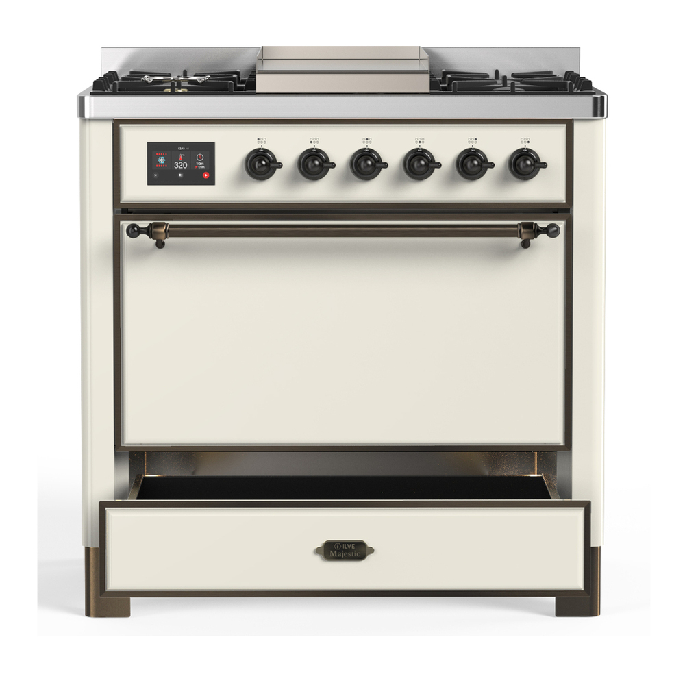 ILVE UM36FQNR3AWB Majestic III 36 inch Dual Fuel Range with 6 Black Brass Burners and Griddle, Dual Function Burner up to 25,000 BTU (Solid Door, Antique White, Burnished, Natural Gas) 3 ILVE-UM36FQNR3AWB-Drawer Open View
