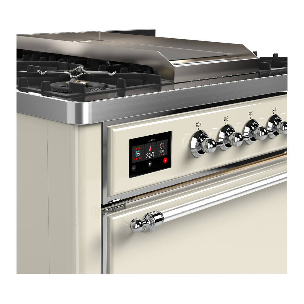ILVE UM36FQNR3AWCLP Majestic III 36 inch Dual Fuel Range with 6 Black Brass Burners and Griddle, Dual Function Burner up to 25,000 BTU (Solid Door, Antique White, Chrome, Liquid Propane) 9 ILVE-UM36FQNR3AWCLP-Control Knobs View