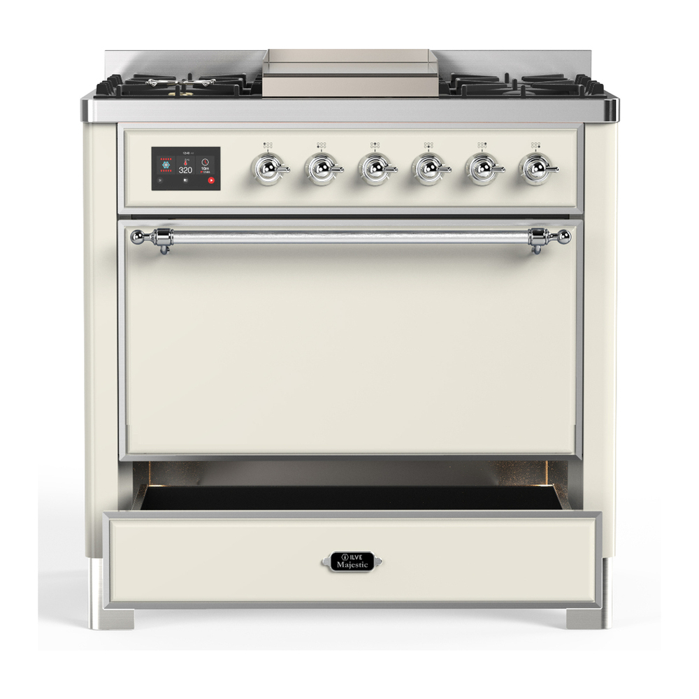 ILVE UM36FQNR3AWCLP Majestic III 36 inch Dual Fuel Range with 6 Black Brass Burners and Griddle, Dual Function Burner up to 25,000 BTU (Solid Door, Antique White, Chrome, Liquid Propane) 3 ILVE-UM36FQNR3AWCLP-Drawer Open View