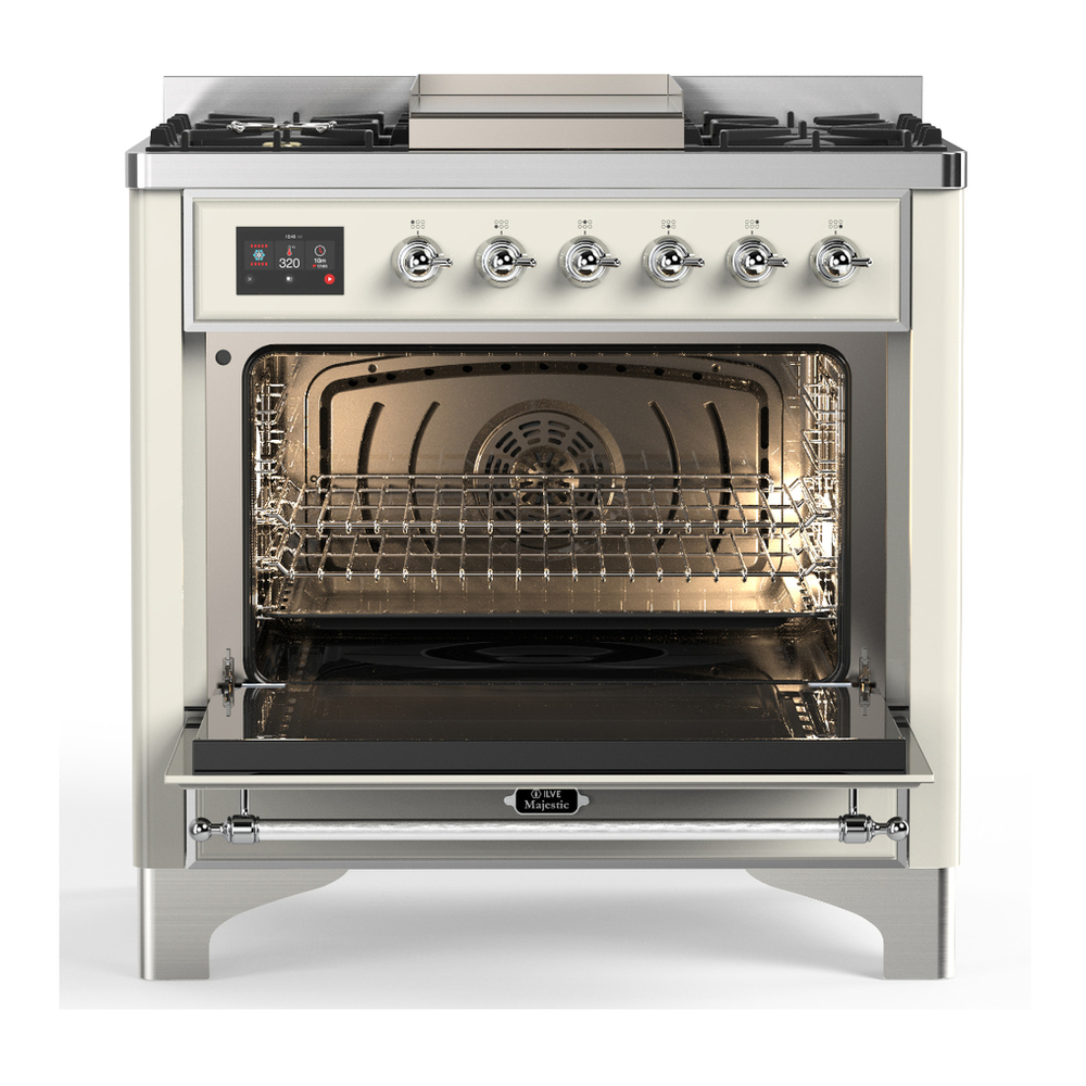 ILVE UM36FQNR3AWC Majestic III 36 inch Dual Fuel Range with 6 Black Brass Burners and Griddle, Dual Function Burner up to 25,000 BTU (Solid Door, Antique White, Chrome, Natural Gas) 6 ILVE-UM36FQNR3AWC-Open Door View