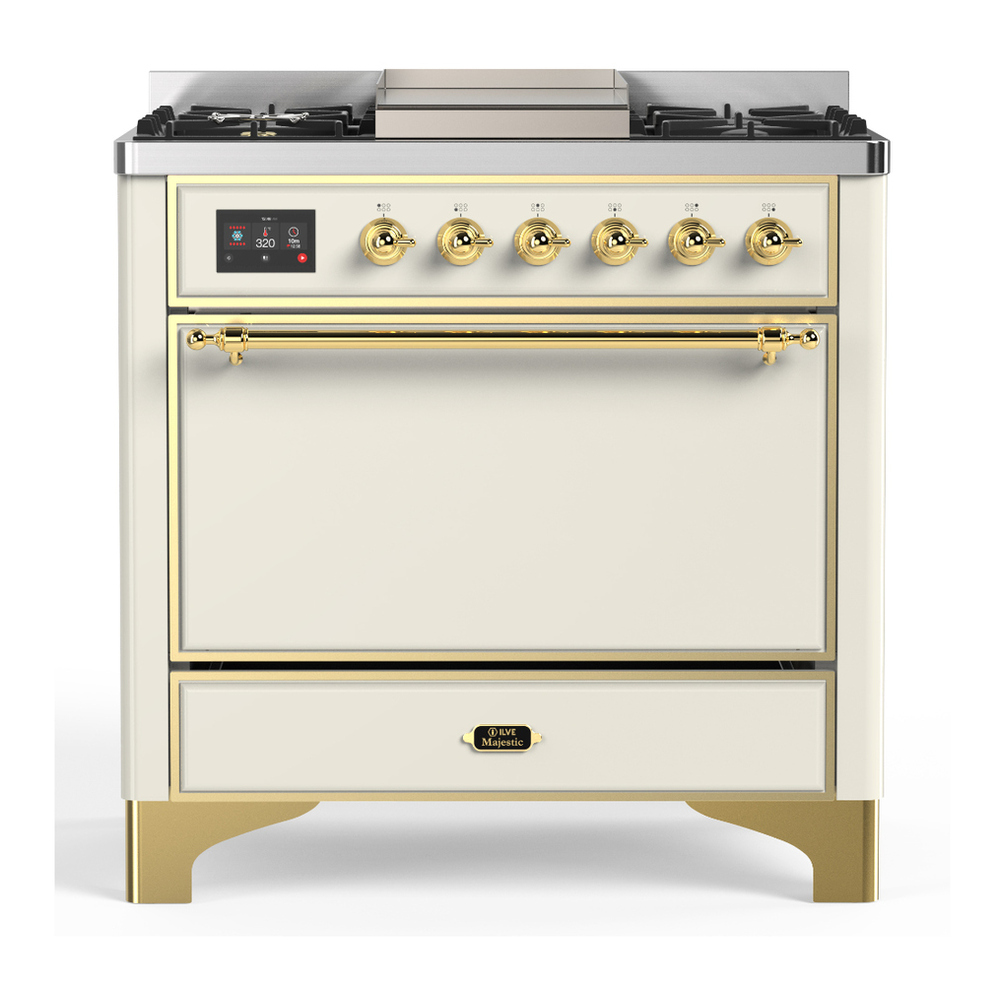 ILVE UM36FQNR3AWGLP Majestic III 36 inch Dual Fuel Range with 6 Black Brass Burners and Griddle, Dual Function Burner up to 25,000 BTU (Solid Door, Antique White, Brass, Liquid Propane) 1 UM36FQNR3AWGLP