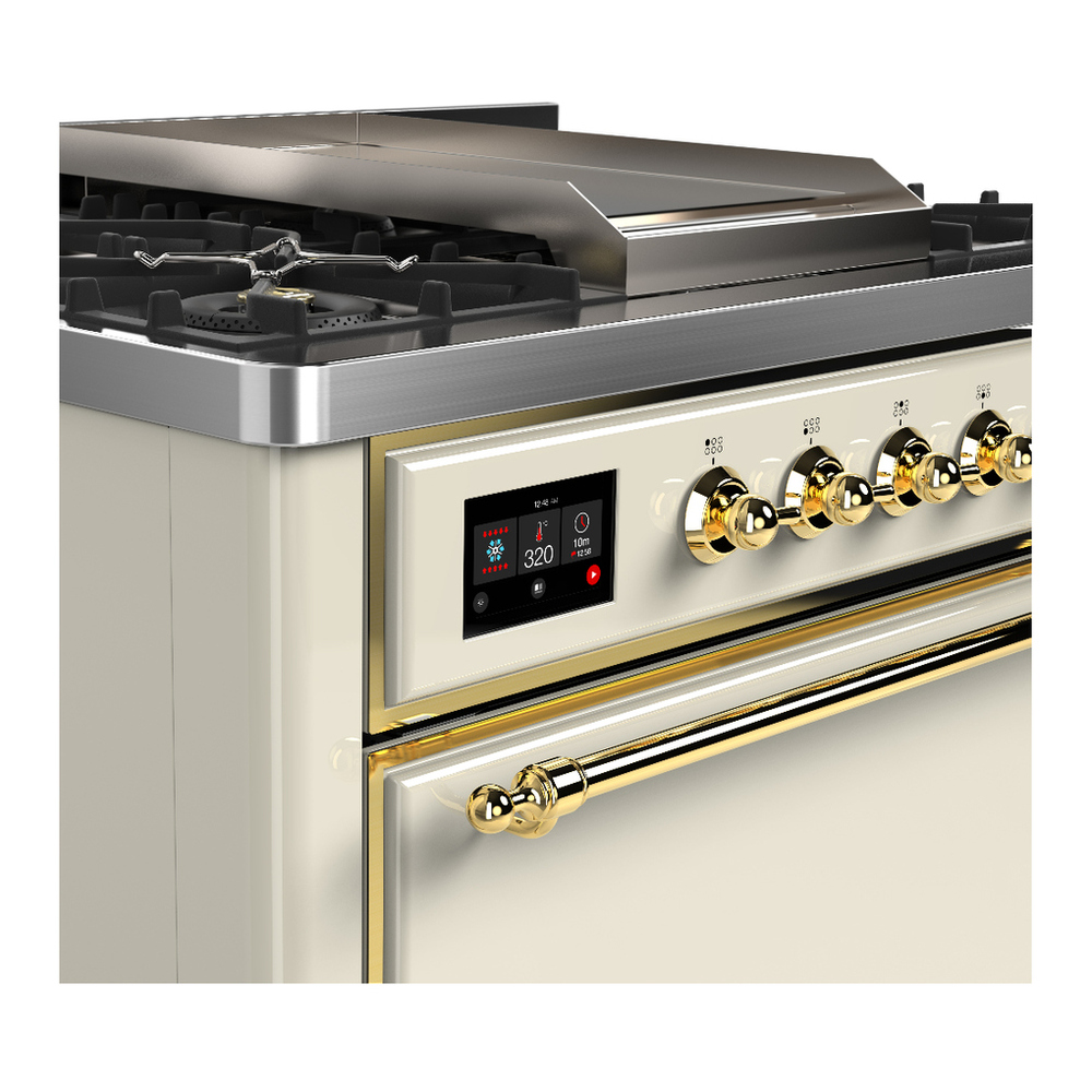 ILVE UM36FQNR3AWGLP Majestic III 36 inch Dual Fuel Range with 6 Black Brass Burners and Griddle, Dual Function Burner up to 25,000 BTU (Solid Door, Antique White, Brass, Liquid Propane) 9 ILVE-UM36FQNR3AWGLP-Control Knobs View