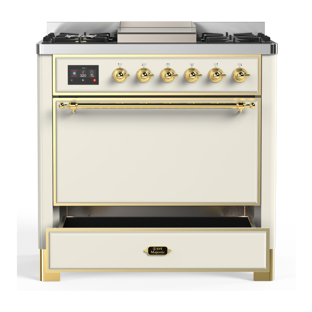 ILVE UM36FQNR3AWGLP Majestic III 36 inch Dual Fuel Range with 6 Black Brass Burners and Griddle, Dual Function Burner up to 25,000 BTU (Solid Door, Antique White, Brass, Liquid Propane) 3 ILVE-UM36FQNR3AWGLP-Drawer Open View