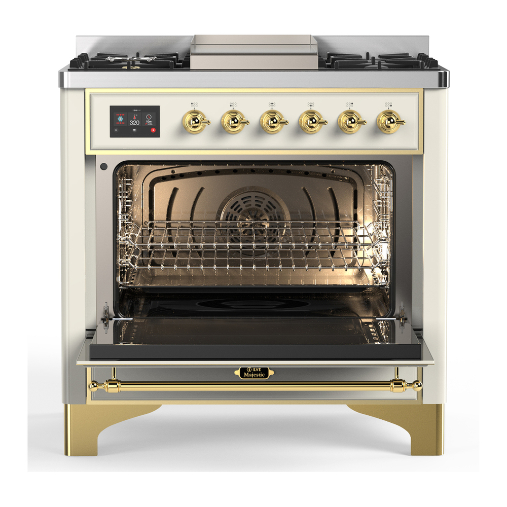 ILVE UM36FQNR3AWG Majestic III 36 inch Dual Fuel Range with 6 Black Brass Burners and Griddle, Dual Function Burner up to 25,000 BTU (Solid Door, Antique White, Brass, Natural Gas) 2 ILVE-UM36FQNR3AWG-Open Door View