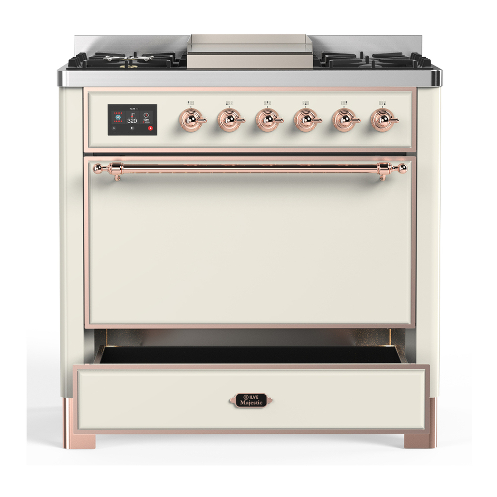 ILVE UM36FQNR3AWPLP Majestic III 36 inch Dual Fuel Range with 6 Black Brass Burners and Griddle, Dual Function Burner up to 25,000 BTU (Solid Door, Antique White, Copper, Liquid Propane) 7 ILVE-UM36FQNR3AWPLP-Drawer Open View
