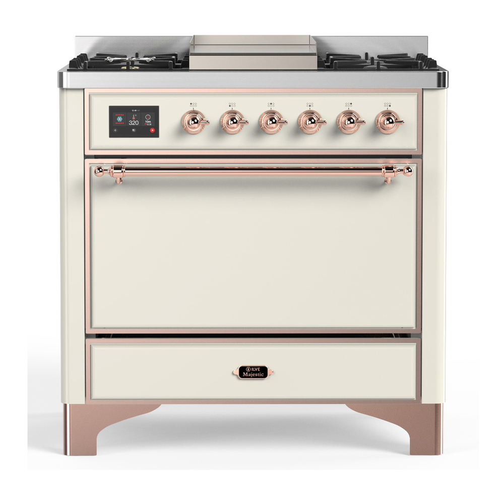ILVE UM36FQNR3AWP Majestic III 36 inch Dual Fuel Range with 6 Black Brass Burners and Griddle, Dual Function Burner up to 25,000 BTU (Solid Door, Antique White, Copper, Natural Gas) 1 UM36FQNR3AWP