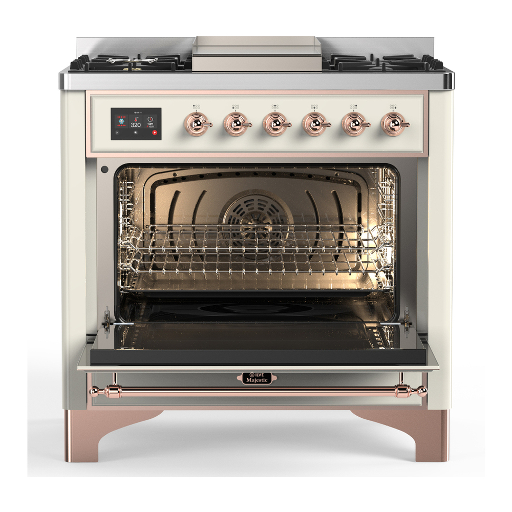 ILVE UM36FQNR3AWP Majestic III 36 inch Dual Fuel Range with 6 Black Brass Burners and Griddle, Dual Function Burner up to 25,000 BTU (Solid Door, Antique White, Copper, Natural Gas) 2 ILVE-UM36FQNR3AWP-Open Door View