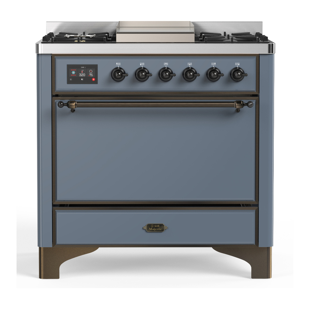 ILVE UM36FQNR3BGBLP Majestic III 36 inch Dual Fuel Range with 6 Black Brass Burners and Griddle, Dual Function Burner up to 25,000 BTU (Solid Door, Blue Grey, Burnished, Liquid Propane) 1 UM36FQNR3BGBLP