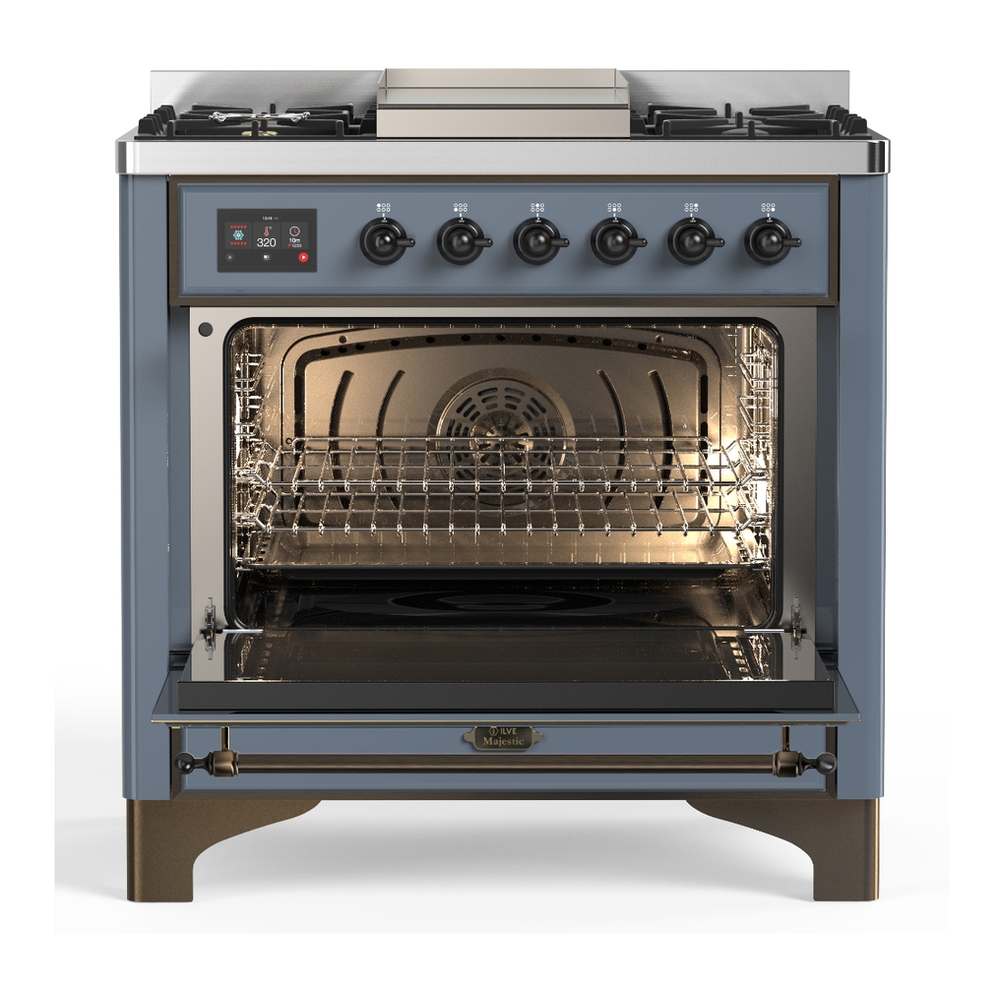 ILVE UM36FQNR3BGBLP Majestic III 36 inch Dual Fuel Range with 6 Black Brass Burners and Griddle, Dual Function Burner up to 25,000 BTU (Solid Door, Blue Grey, Burnished, Liquid Propane) 2 ILVE-UM36FQNR3BGBLP-Open Door View