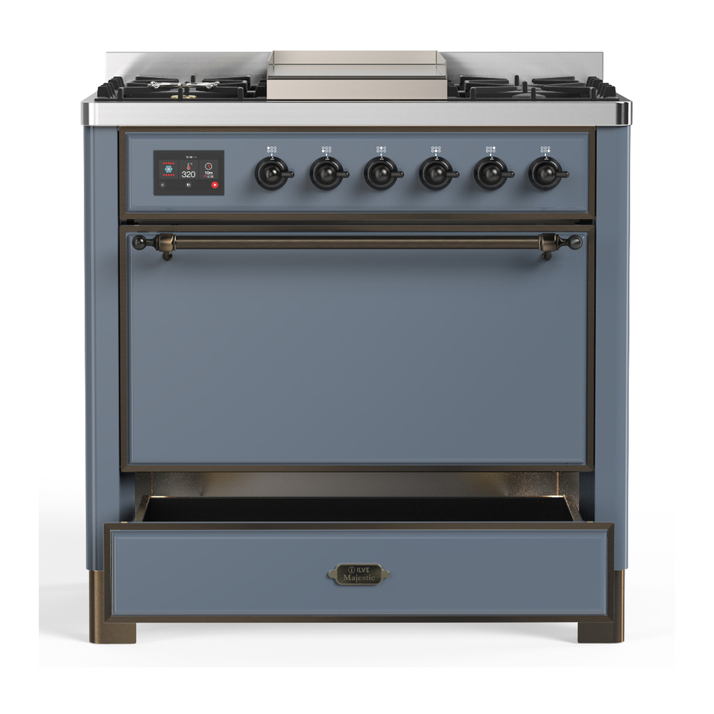 ILVE UM36FQNR3BGBLP Majestic III 36 inch Dual Fuel Range with 6 Black Brass Burners and Griddle, Dual Function Burner up to 25,000 BTU (Solid Door, Blue Grey, Burnished, Liquid Propane) 7 ILVE-UM36FQNR3BGBLP-Drawer Open View
