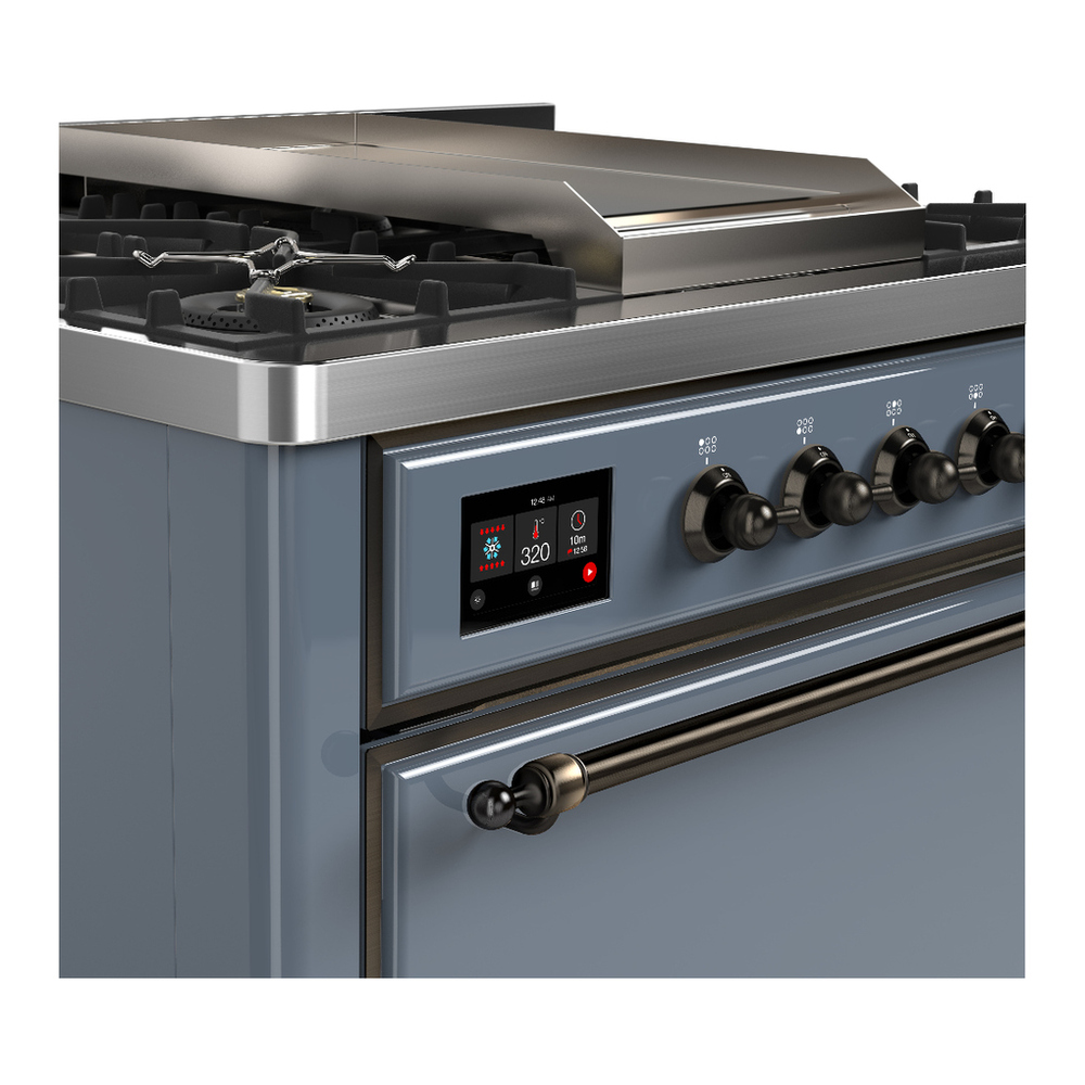 ILVE UM36FQNR3BGB Majestic III 36 inch Dual Fuel Range with 6 Black Brass Burners and Griddle, Dual Function Burner up to 25,000 BTU (Solid Door, Blue Grey, Burnished, Natural Gas) 5 ILVE-UM36FQNR3BGB-Control Knobs View