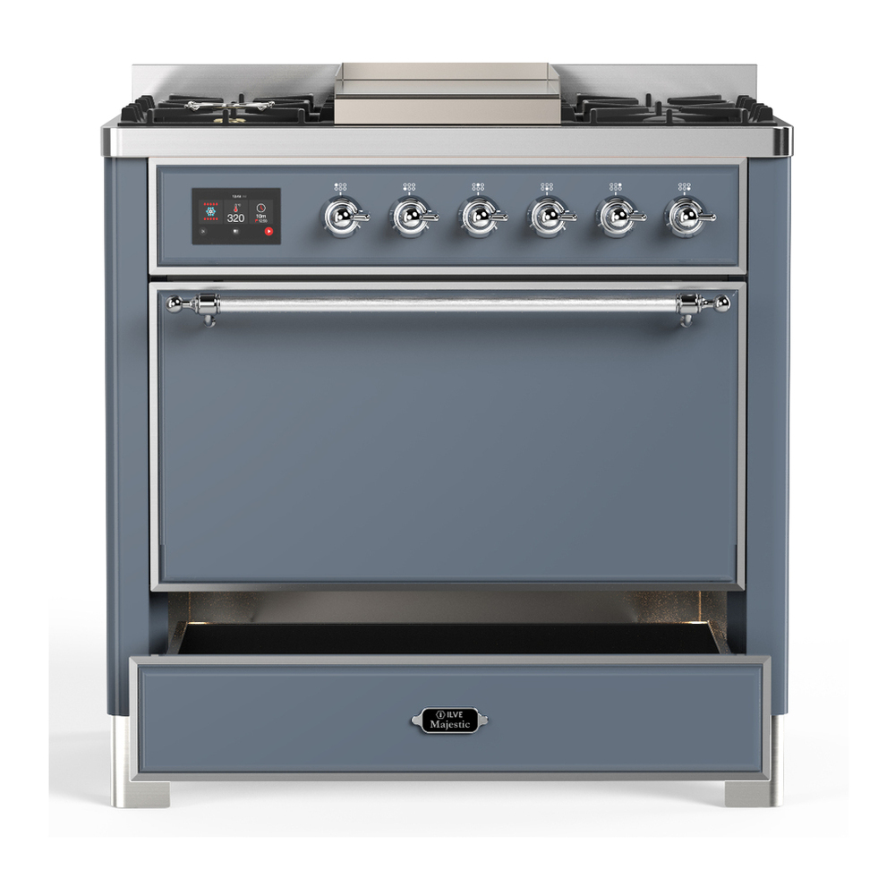 ILVE UM36FQNR3BGCLP Majestic III 36 inch Dual Fuel Range with 6 Black Brass Burners and Griddle, Dual Function Burner up to 25,000 BTU (Solid Door, Blue Grey, Chrome, Liquid Propane) 7 ILVE-UM36FQNR3BGCLP-Drawer Open View