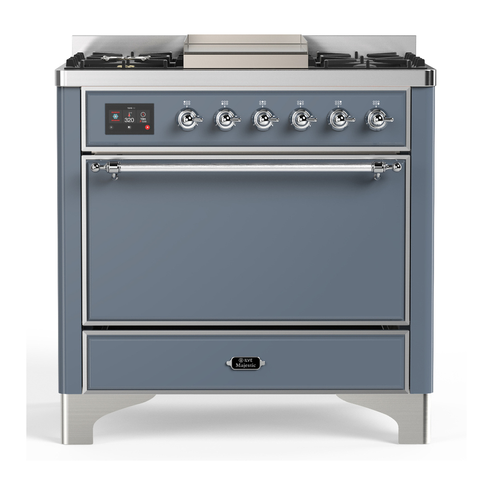 ILVE UM36FQNR3BGC Majestic III 36 inch Dual Fuel Range with 6 Black Brass Burners and Griddle, Dual Function Burner up to 25,000 BTU (Solid Door, Blue Grey, Chrome, Natural Gas) 1 UM36FQNR3BGC
