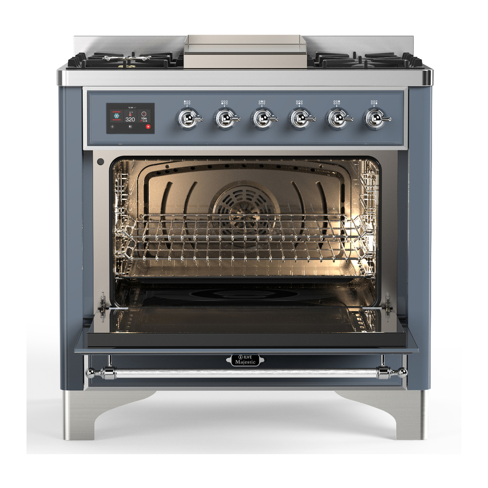 ILVE UM36FQNR3BGC Majestic III 36 inch Dual Fuel Range with 6 Black Brass Burners and Griddle, Dual Function Burner up to 25,000 BTU (Solid Door, Blue Grey, Chrome, Natural Gas) 2 ILVE-UM36FQNR3BGC-Open Door View