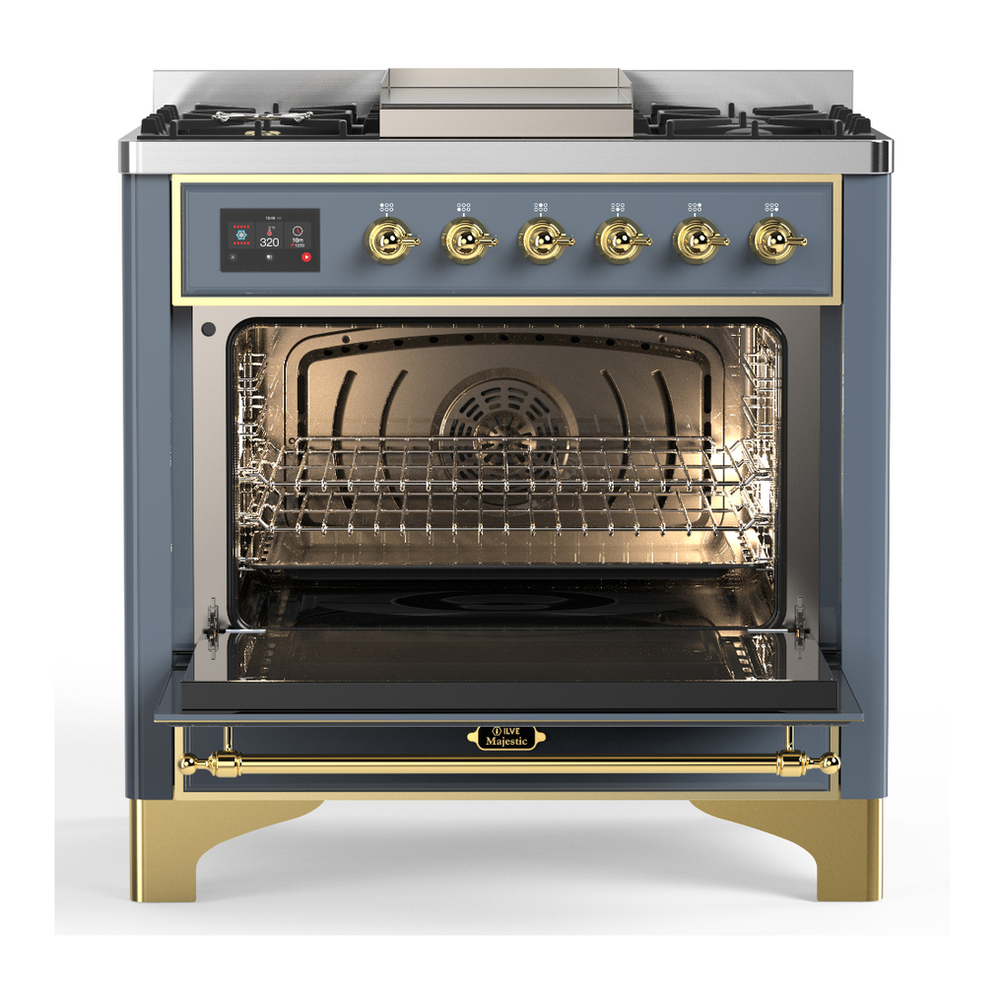 ILVE UM36FQNR3BGGLP Majestic III 36 inch Dual Fuel Range with 6 Black Brass Burners and Griddle, Dual Function Burner up to 25,000 BTU (Solid Door, Blue Grey, Brass, Liquid Propane) 6 ILVE-UM36FQNR3BGGLP-Open Door View